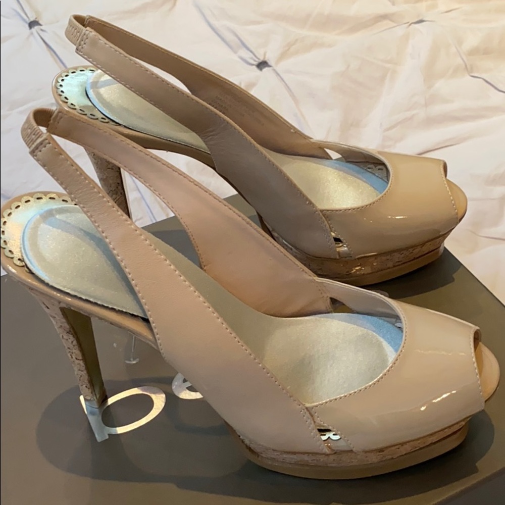 Bebe peep toe cork platform slingback heels